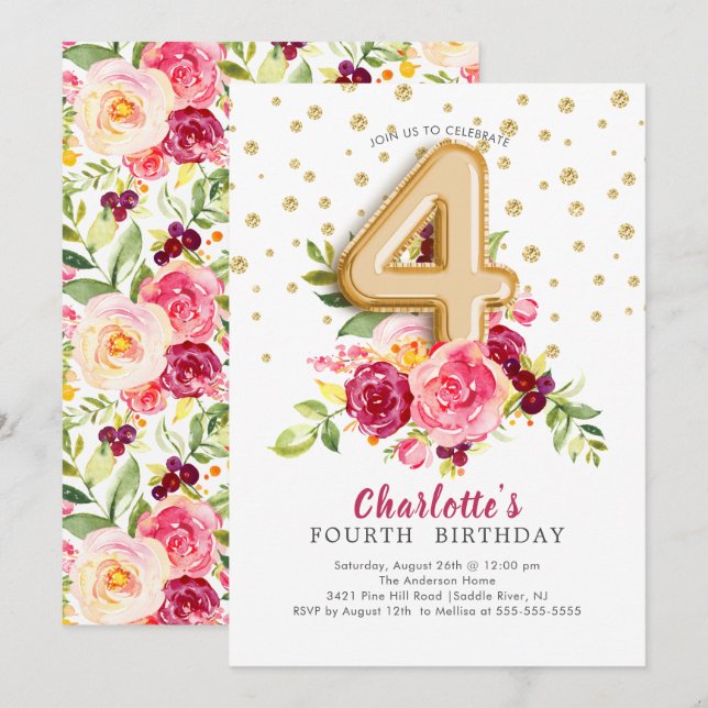 Invitation florale d'anniversaire de ballon (Devant / Derrière)