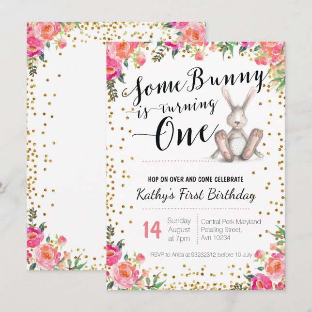 Invitation florale d'anniversaire de lapin de (Devant / Derrière)