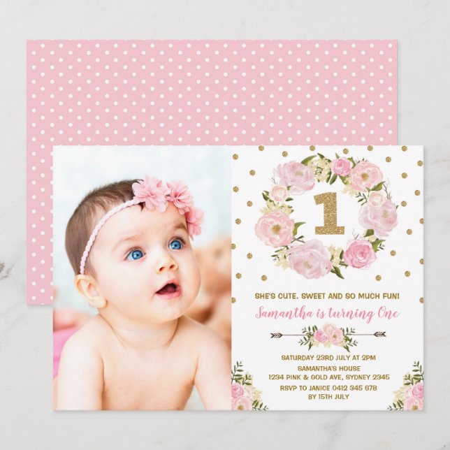 Invitation florale d'anniversaire, rose et dorée (Devant / Derrière)