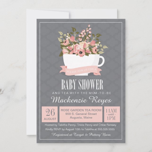 Invitation florale de baby shower de tasse de thé, (Devant)