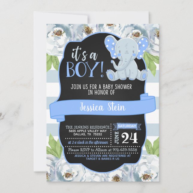 Invitation florale de baby shower d'éléphant - (Devant)