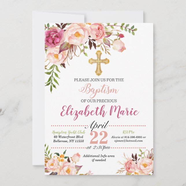Invitation florale de baptême - fille (Devant)