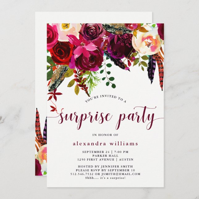 Invitation florale de fête de Boho | (Devant / Derrière)