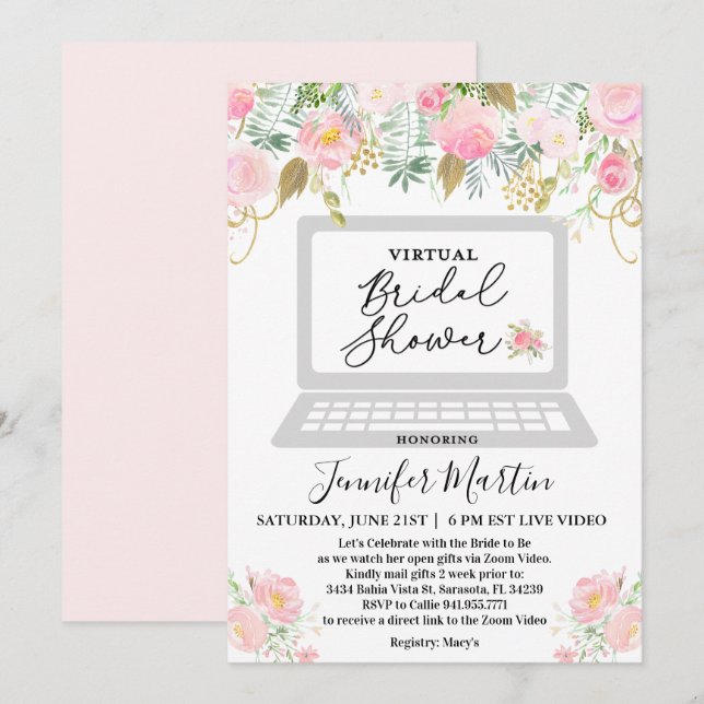 Invitation Florale de Fête des mariées virtuelle (Devant / Derrière)