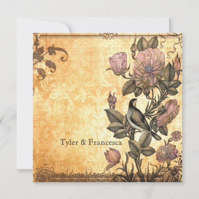 Invitation florale de mariage damassé d'oiseau (Devant)