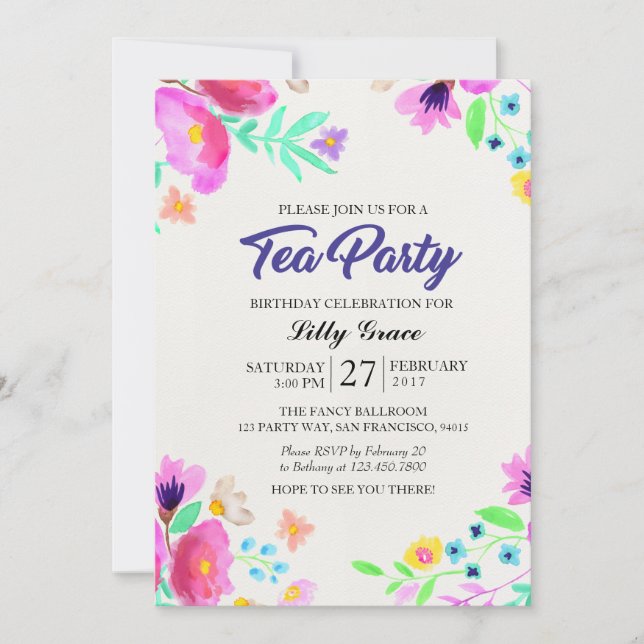 Invitation florale de thé d'anniversaire (Devant)