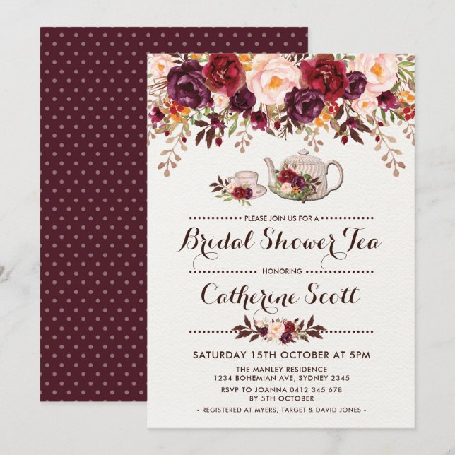 Invitation florale de thé de Fête de la mariée de (Devant / Derrière)