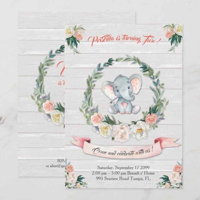 Invitation florale d'éléphant d'aquarelle, bébé (Devant / Derrière)
