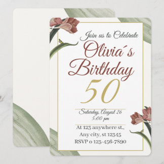 Invitation Florale Élégante 50 ans – Fleur dorée e