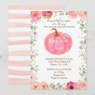 Invitation Florale fille citrouille baby shower aquarelle ros