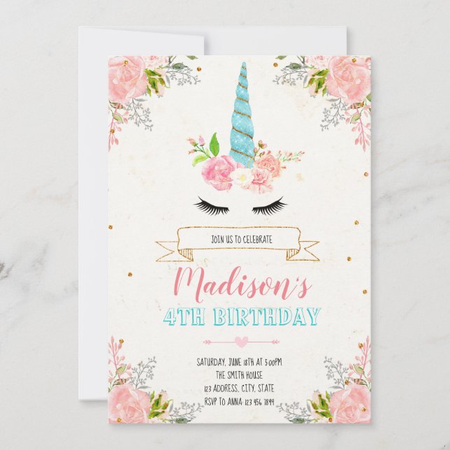 Invitation florale licorne (Devant)