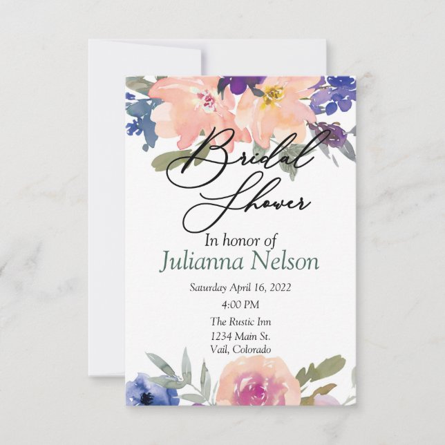 Invitation florale orange et bleu aquarelle (Devant)
