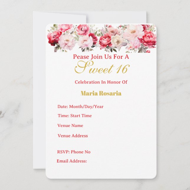 Invitation florale personnalisée pour les 16 ans (Devant)
