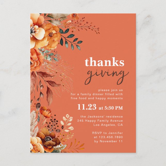 Invitation florale pour le dîner de Thanksgiving  (Devant)