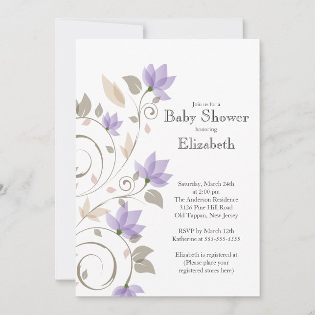 Invitation florale pourpre moderne de baby shower (Devant)