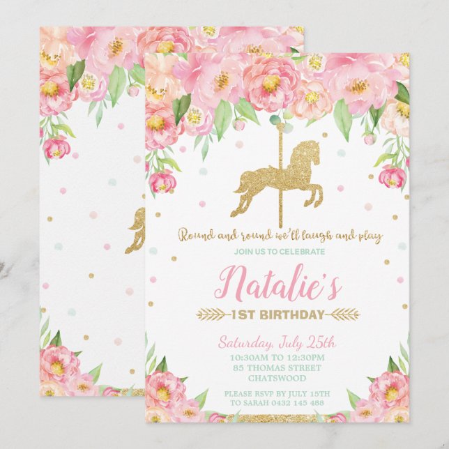 Invitation Florale rose et carrousel d'or 1ère fille d'annive (Devant / Derrière)