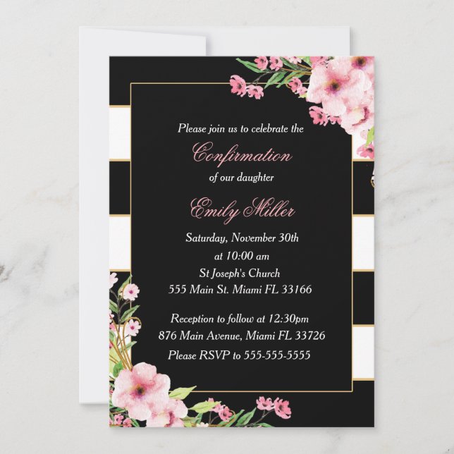 Invitation florale rose noire de confirmation de (Devant)