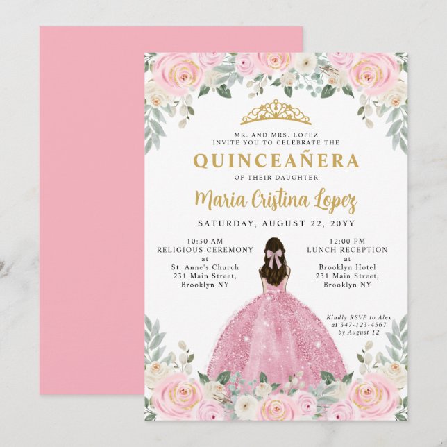 Invitation Florale rose pâle princesse Tiara Quinceañera (Devant / Derrière)