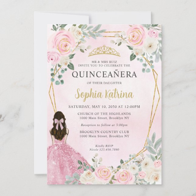 Invitation Florale rose pâle princesse Tiara Quinceañera (Devant)