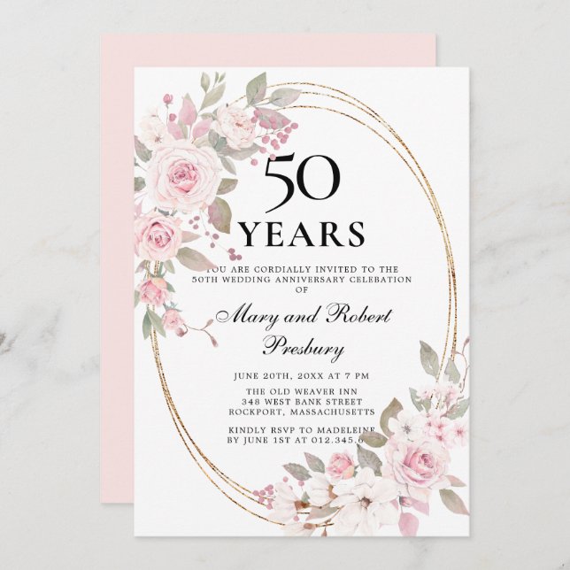 Invitation Florale Rose Poudrée Élégante 50e Anniv (Devant / Derrière)