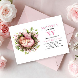 Invitation florale rose pour les 7 ans de la fée r
