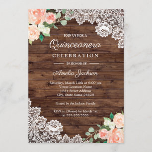 Invitation Florale Rustique en Bois et Dentelle po