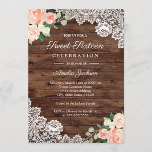 Invitation Florale Rustique en Bois et Dentelle po