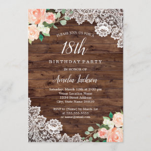 Invitation Florale Rustique en Bois et Dentelle po