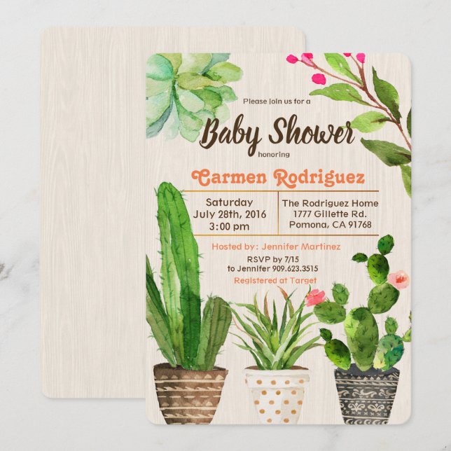 Invitation florale succulente de baby shower de (Devant / Derrière)