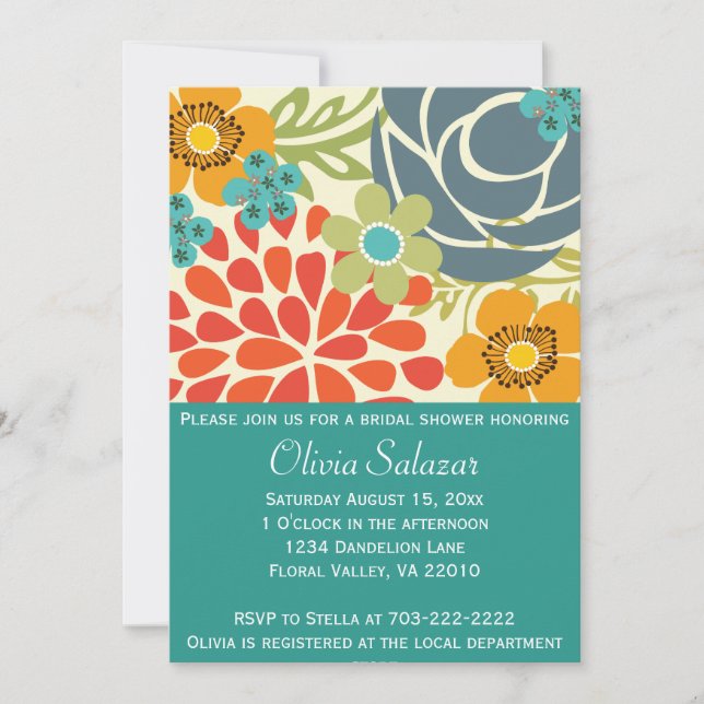 Invitation florale turquoise de Fête de la mariée (Devant)