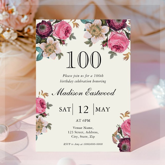 Invitation Florale vintage 100e anniversaire (Créateur téléchargé)