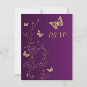 Invitation Florale violette, or avec Papillons Répondre Card