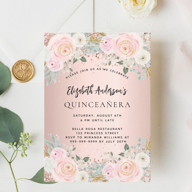 Invitation Florales blanches en or rose Quinceanera (Créateur téléchargé)