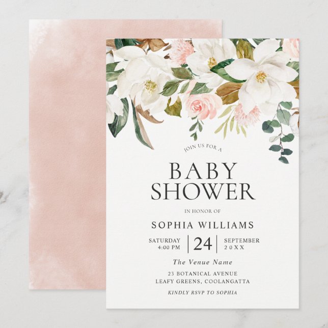 Invitation Florales blanches et blanches Beau Baby shower (Devant / Derrière)
