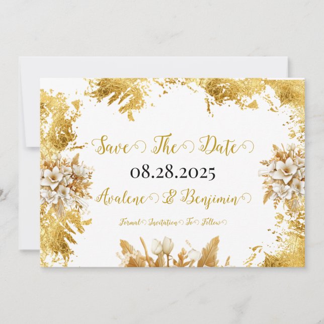 Invitation Florales Blanches et Or Mariage Enregistrer les ca (Devant)