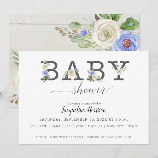 Invitation Florales bleues et blanches rustiques | Baby showe (Devant / Derrière)