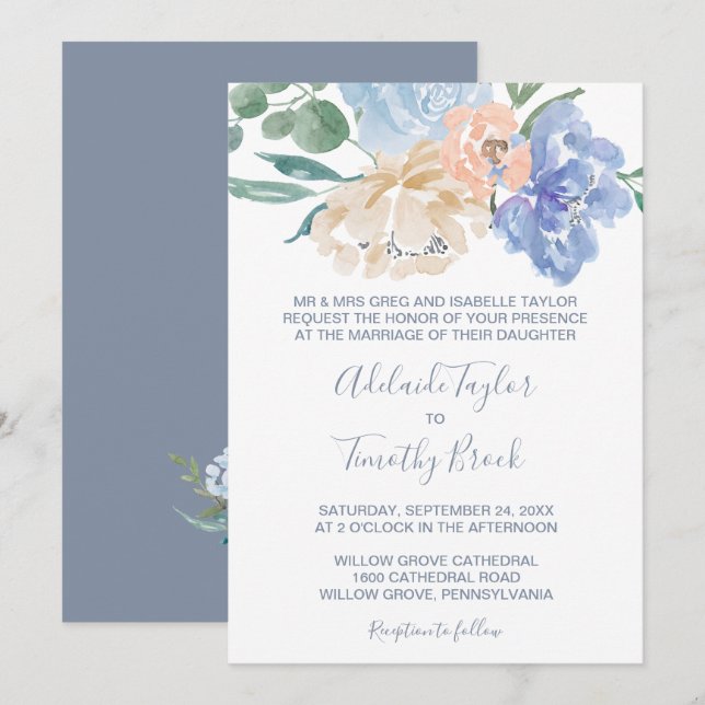 Invitation Florales bleues poussiéreuses Mariage officiel (Devant / Derrière)