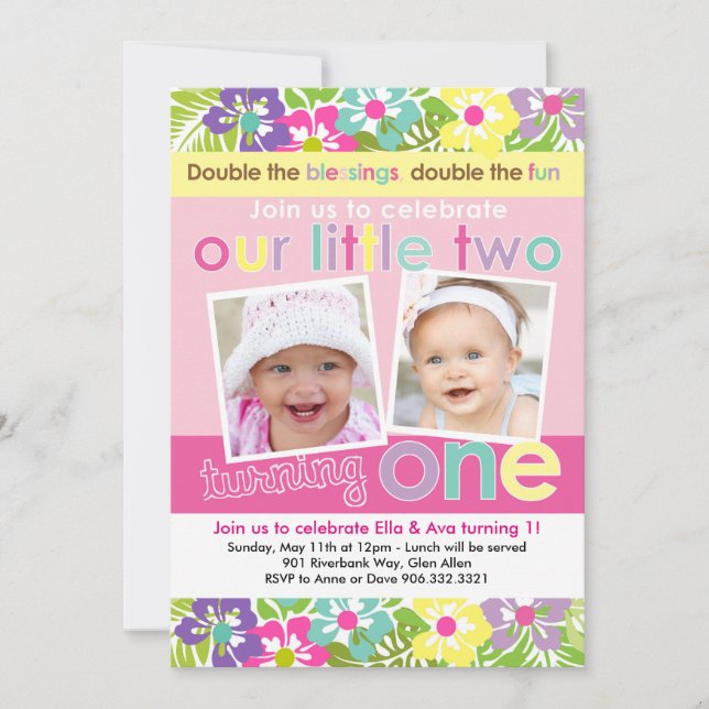 Invitation Florales colorées Twin Girls Premier anniversaire (Devant)