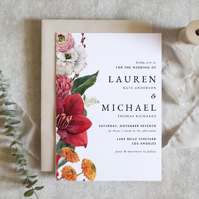 Invitation Florales d'automne avec Mariage Amaryllis rouge (Fall-inspired floral wedding invitation with amaryllis, chrysanthemums, ranunculus, and lisanthus. )