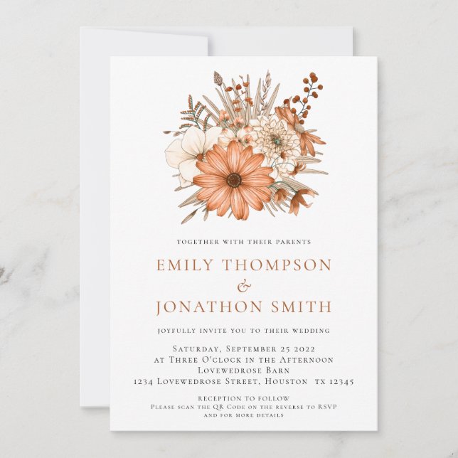 Invitation Florales d'automne modernes QR Code Mariage (Devant)