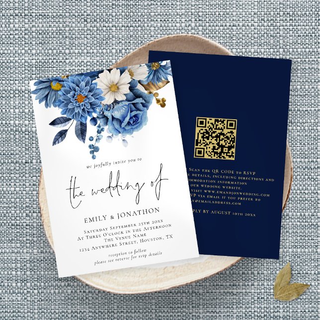 Invitation Florales d'or de la marine moderne Mariage de code (Créateur téléchargé)