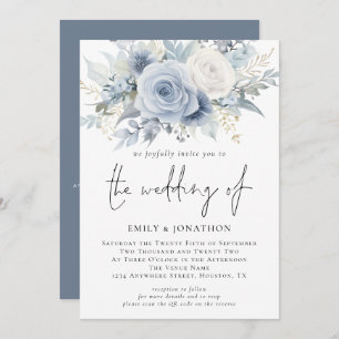 Invitation Florales élégantes QR Code Dusty Blue Mariage