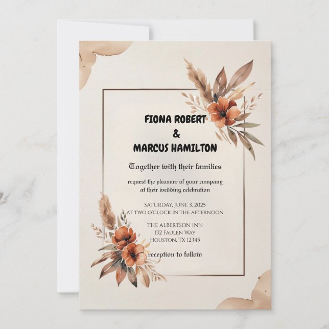 Invitation Florales en terre cuite rustique et Mariage en her (Devant)