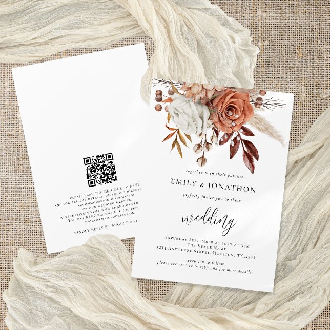 Invitation Florales en terre cuite rustique QR Code Mariage (Créateur téléchargé)