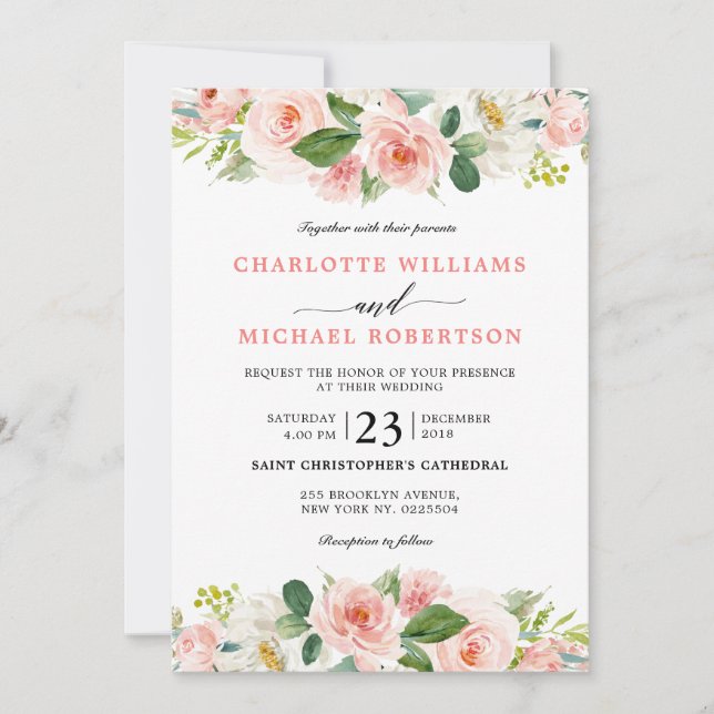 Invitation Florales rose pâle Mariage botanique moderne (Devant)