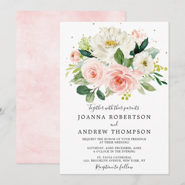 Invitation Florales rose pâle Mariage botanique moderne (Devant / Derrière)