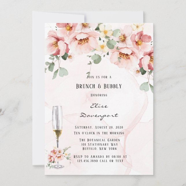 Invitation Florales roses Elégant Eucalyptus Brunch & Bubbly (Devant)