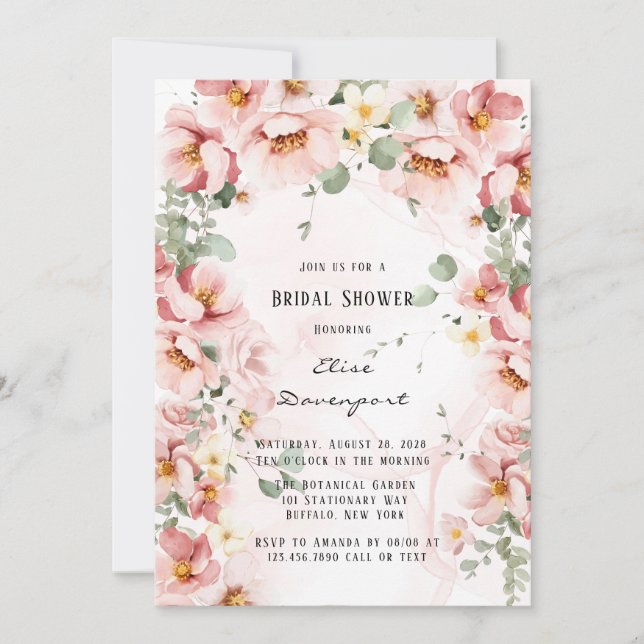 Invitation Florales roses Elégante Fête des mariées Eucalyptu (Devant)