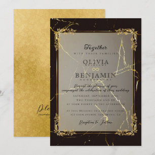 Invitation Florales Royal Gold Frame & Mariage noir marbré