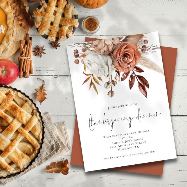 Invitation Florales Rustiques Terracotta Thanksgiving Dîner (Front and back view)